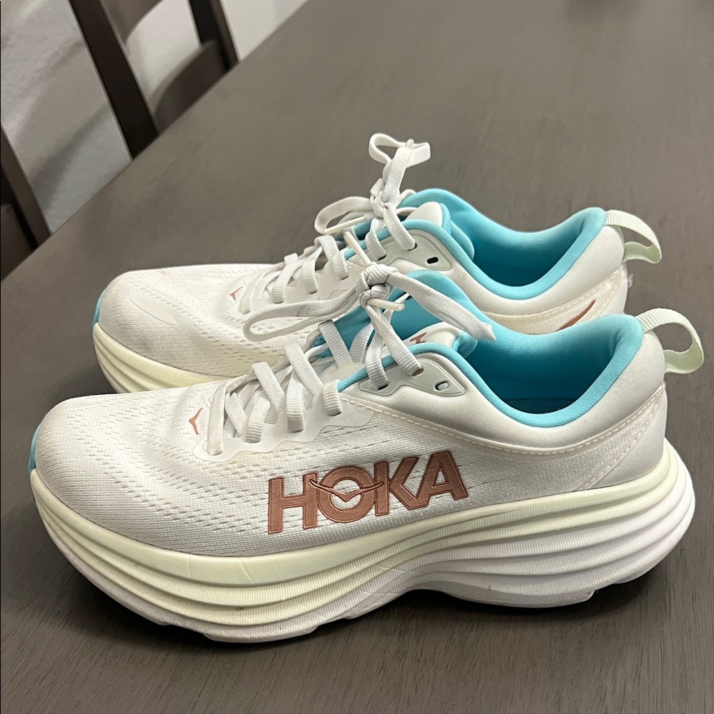 Hoka White and Aqua Running Shoes